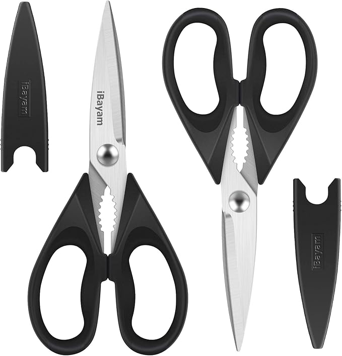 iBayam Black Kitchen Scissors - Heavy Duty Meat & Poultry Shears | Dishwasher Safe Stainless Steel Utility Scissors, 2-Pack Black Kitchen Utensils Set for New Home Essentials, Bottle Opener by iBayamDirect