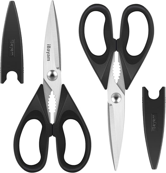 iBayam Black Kitchen Scissors - Heavy Duty Meat & Poultry Shears | Dishwasher Safe Stainless Steel Utility Scissors, 2-Pack Black Kitchen Utensils Set for New Home Essentials, Bottle Opener by iBayamDirect