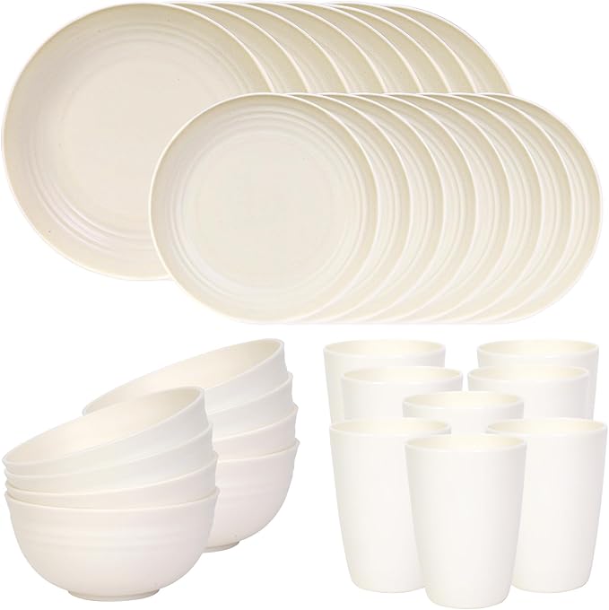 Quatish 32 Piece Plates and Bowls Sets for 8, Unbreakable Dinnerware Sets, Dish Set for Camping, Dishwasher Microwave Safe, Outdoor Kitchen and Apartment Dorm Dinning RV Essentials, Beige by Quatish