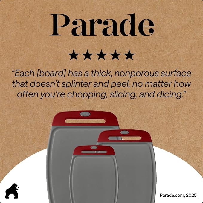 GORILLA GRIP BPA-Free Reversible Kitchen Cutting Board Set of 3, US Designed, Nonporous, Juice Grooves Catch Liquid, Slip Resistant Border, Dishwasher Safe, Durable Large Food Chopping Boards,Gray Red - Image 9
