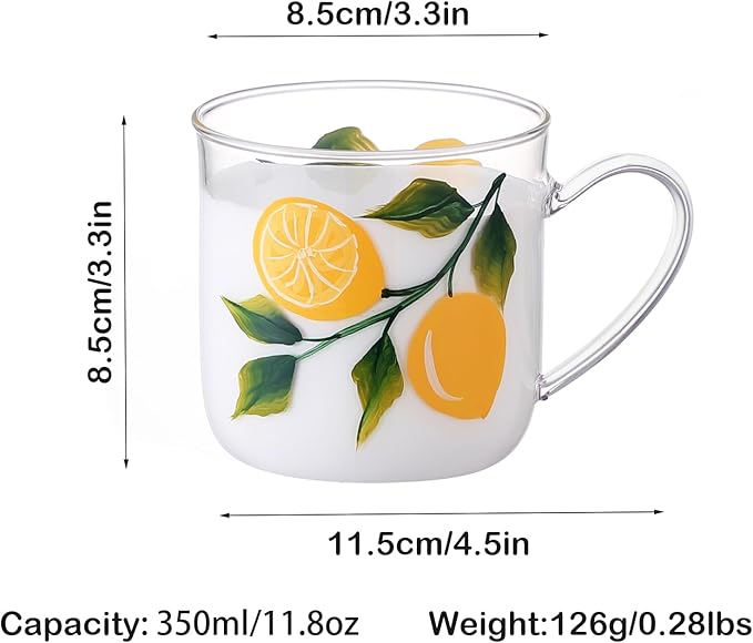 12oz/350ml Hand Painted Glass Cups With Handle,Clear Glass Coffee Cups,Coffee Glasses For Hot Beverages,Clear Mugs (Lemon)