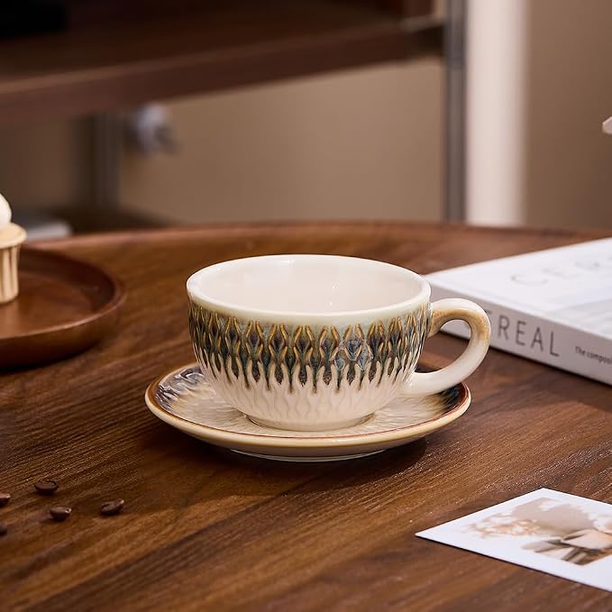 Coffeezone Vintage Design 12 oz Ceramic Latte Art Cappuccino Barista Cup with Saucer (Embossed Vintage) - Image 2