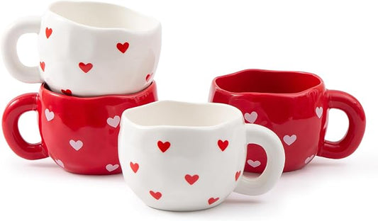 4pcs Ceramic Hearts Mugs Set, 9.4OZ Cute Love Coffee Cup Set, Red and White Color, Dishwasher Safe Espresso Cups, Gift for Women (Heart) by YumiPLUS