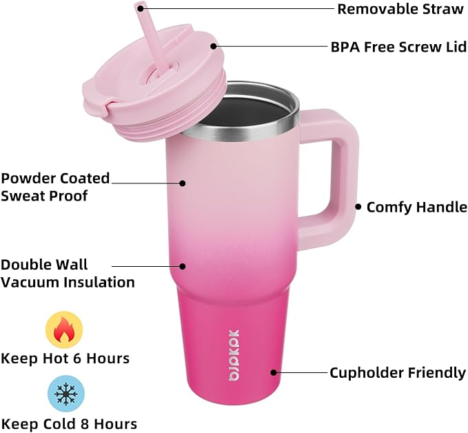 BJPKPK 30 oz Insulated Tumbler with Handle & Straw, Stainless Steel | Double Wall Vacuum Insulation, Leak Proof, BPA Free, Dishwasher Safe, Cupholder Friendly, Travel & Outdoor, Cherry Blossom - Image 2