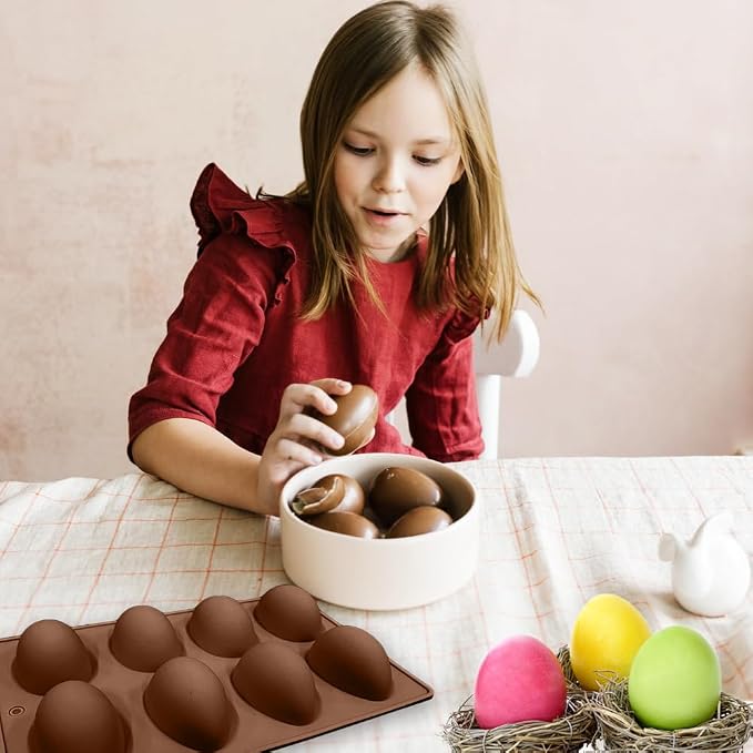 3 Pack 3D Easter Egg Silicone Molds, 8 Cavity Egg Shape Non-stick Baking Molds Tray DIY Baking Tool for Easter Chocolate Cake Dessert Muffin Mousse Pastry Handmade Soap Crayons(Brown) - Image 5