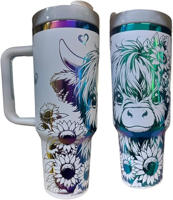 Western Engraved 40oz Tumbler, Tumbler with handle, Cowgirl Tumbler, Country Mug with Handle (White/Rainbow-Cute cow)