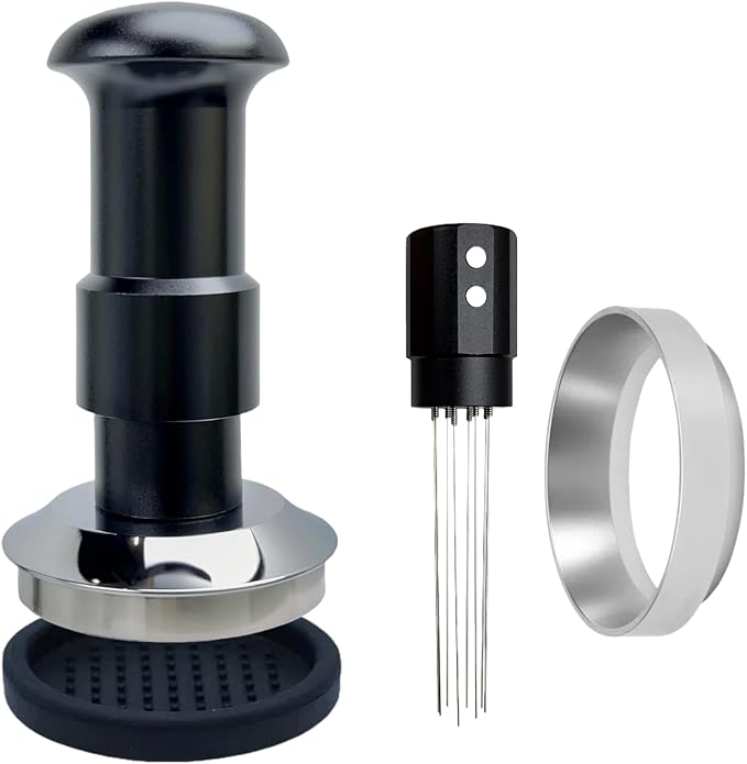 Espresso Tamper Double Spring Loaded 51/53mm with WDT Tool Espresso Accessories Kit, Stainless Steel Corrugated Base, Dosing Funnel, Tamper Mat (51mm & Magnetic wdt)