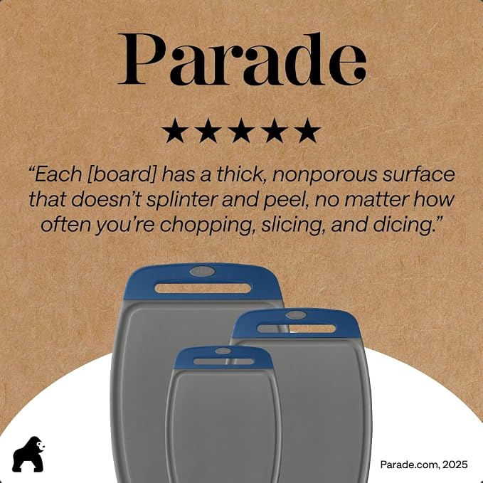 GORILLA GRIP BPA-Free Reversible Kitchen Cutting Board Set of 3, US Designed, Nonporous, Juice Grooves Catch Liquid, Slip Resistant Border, Dishwasher Safe, Durable Food Chopping Boards, Gray Blue - Image 9