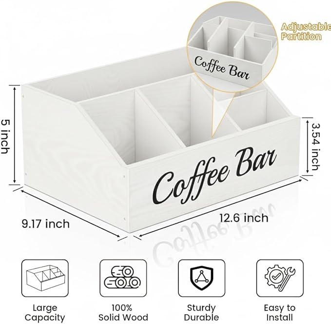 Coffee Station Organizer for Countertop – Wooden Coffee Bar Organizer with Adjustable Dividers,Holds K Cup Pod & syrup bottles, for Kitchen, Office, or Bar and Tea Station, White - Image 4