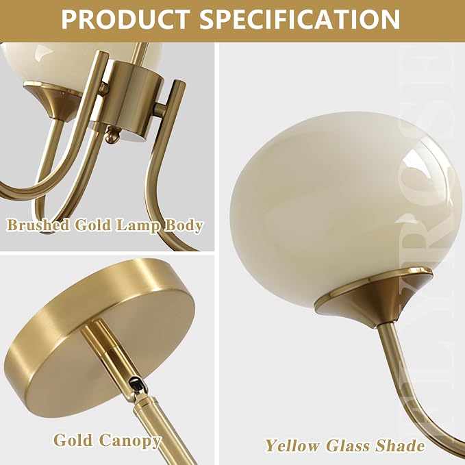 Brass 3 Light Chandelier Gold Sputnik Ceiling Light Fixture Vintage Yellow Glass Pendant Light Mid Century Modern Dining Room Chandelier - Image 3