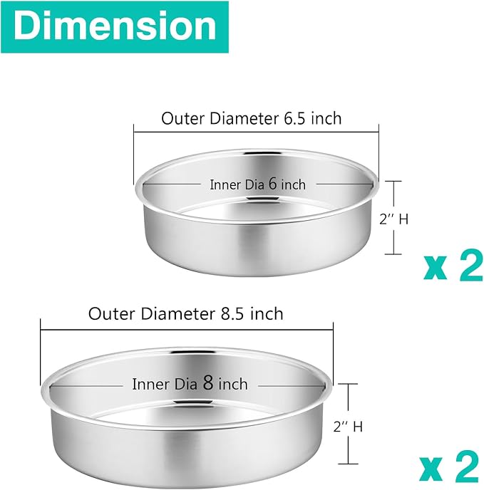 P&P CHEF Cake Pan Set for Baking, 6" + 6" + 8" + 8" Round Cake Pans Tins | 4 Pieces & 2 Sizes, Premium Stainless Steel, Ideal for Layer Tier Cakes in Birthday Wedding, Oven & Pot & Dishwasher Safe - Image 2