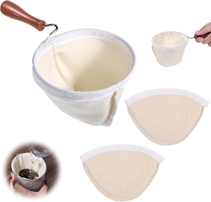 3PCS Coffee Sock Strainer with Wooden Handle, Washable Cloth Coffee Filter, Reusable Coffees Sock Filter for Coffees Shop Home Office Handmade
