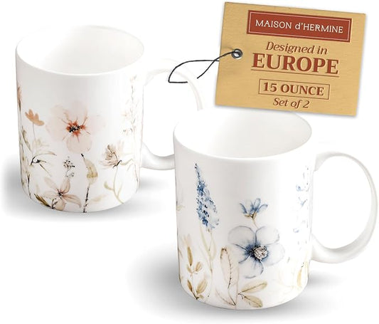 Maison d' Hermine Coffee Mug with Handles Tea Cups (15 Ounce, Pack of 2) | Fine Bone China Coffee Mugs for Hot Beverages Cappuccino Latte Home Restaurant Hotel Spring Summer -Ice Florals by MaisondHermine