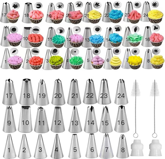 28Pcs Piping Tips Set，Stainless Steel Frosting Piping Kit with 24 Piping Tips, 2 Standard Icing Piping Tips Couplers, and 2 Cake Decorating Tips Brushes,Cake Decorating Tips Kit For Cookies Cupcake