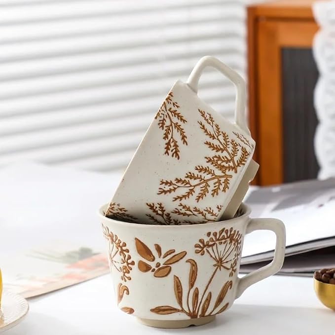 Small Ceramic Mug 1 pc, 11oz - Vintage Coffee Mug, Pottery Cups for Milk, Latte, Cappuccino, Tea - Handmade Porcelain Dishwasher, Microwave Safe Stoneware Gift for Women Men, Brown Leaf - Image 3