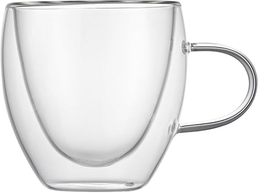 Restaurantware-Forma Professional 5.1 Ounce Glass Coffee Cups, 12 Insulated Coffee Cups With Handle - Dishwashable, Reusable, Clear Double Wall Beverage Tumblers, Freezable, For Hot Or Cold Beverages