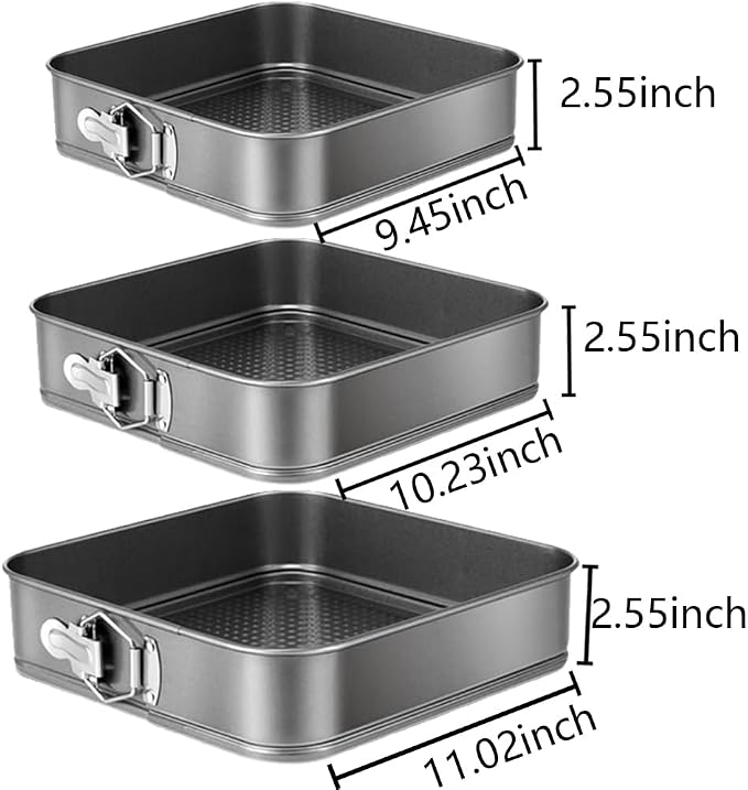 Springform Cake Pan Set of 3 (9.5, 10, 11 Inch) Square Baking Pans Nonstick Cheesecake Pans with Removable Bottom Bakeware for Cake, Cheesecakes, Pizza, and Quiches - Image 2