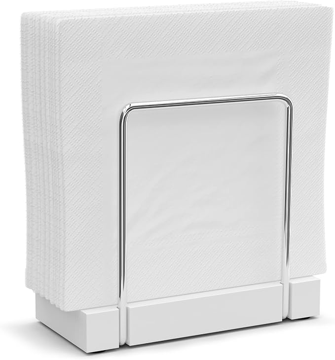 Wican Napkin Holder for Table, Bamboo Iron Standing Napkin Dispenser | Kitchen Dining Table Farmhouse Cocktail Picnic Rustic Wood Holders, Mail Bills, Suitable Dining Room Decors, Silvery & White by Wican