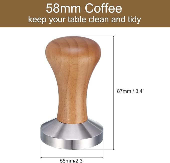 uxcell 58mm Espresso Tamper, Stainless Steel Press Tool Tamper with Wooden Handle, Espresso Accessories for Baristas, Shops, Cafe (Flat Base, Deep Wooden)