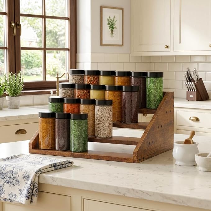 4 Tier Wood Spice Rack Organizer for Cabinet, Super Sturdy Display Riser Shelf Seasoning Organizer for Countertop Pantry Cupboard, Retro Storage Holder for Kitchen Condiment Jar Spice Container - Image 2
