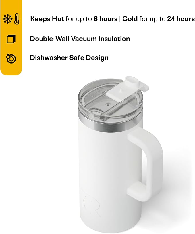 RTIC 16oz Road Trip Travel Mug with Lid and Handle, Ceramic Lined, Insulated, Stainless Steel, Metal, Double Wall Vacuum-Insulation, Portable Coffee, Tea Cup for Hot and Cold Drink, White - Image 2