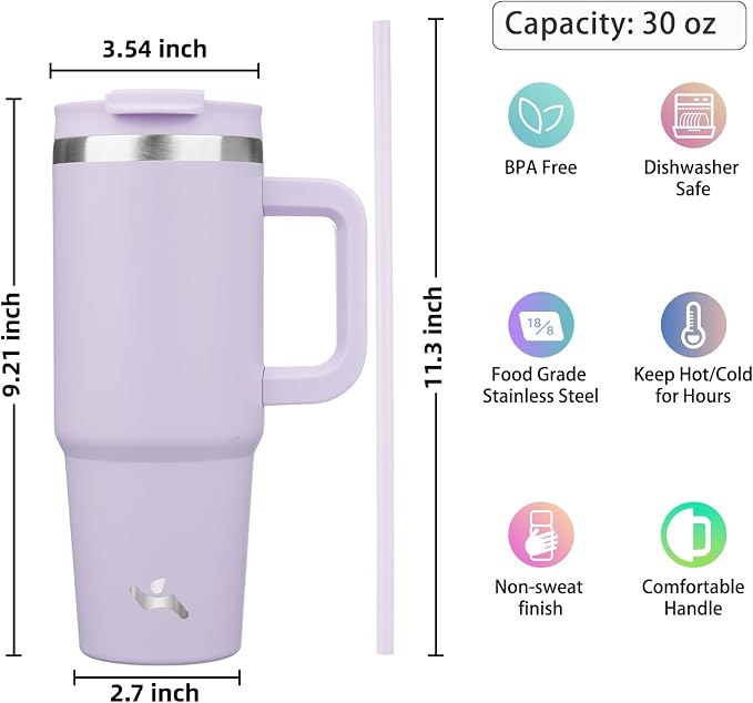 Konokyo 30 oz Insulated Tumbler Water Bottle with Handle, Straw Lid | BPA-free and dishwasher safe; made for gym, travel, coffee and gifting, 2 straws, cup holder friendly,Wisteria - Image 4