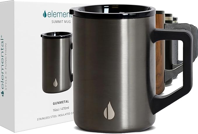 Elemental Insulated Coffee Mug - Triple-Wall Stainless Steel Summit Travel Cup for Hot and Cold Drinks - Thermal Coffee Mug with Lid and Handle for Camping, Office & Travel 16oz - Gunmetal by Elemental