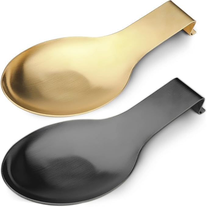 VanlonPro Stainless Steel Spoon Rest, Spatula Ladle Holder, Stainless Steel Utensil Spoon Rest Holder, Brushed Finish, Dishwasher Safe 9.8 x 3.7 Inch (Gold + Black, 2PCS) by VanlonPro