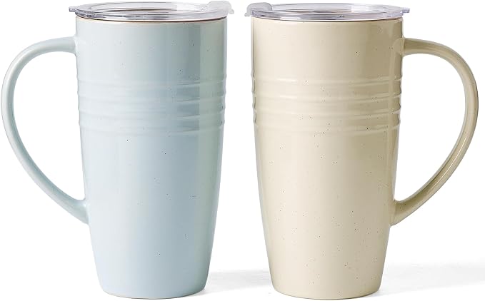 famiware Jupiter Large Coffee Mug, 20oz Coffee Mug with Lid, Ceramic Mugs Set of 2, Cup Set with Handle for Latte, Tea, Cocoa, Milk, Microwave and Dishwasher Safe,Light Blue and Vanilla White by Famiware