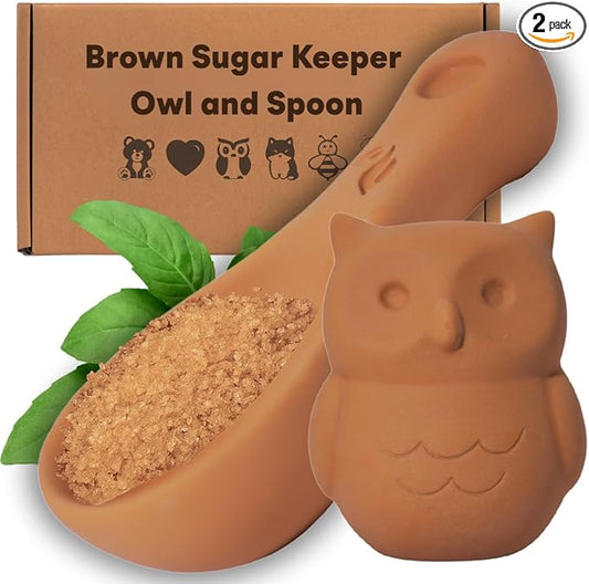 Sifri 3D Brown Sugar Keeper 2-in-1 Set – Terracotta Clay Owl & Spoon Saver Softener – Cute Kitchen Storage & Freshness Holder for Sugar – Gift for Bakers (2, Owl and Spoon) by SifriArt