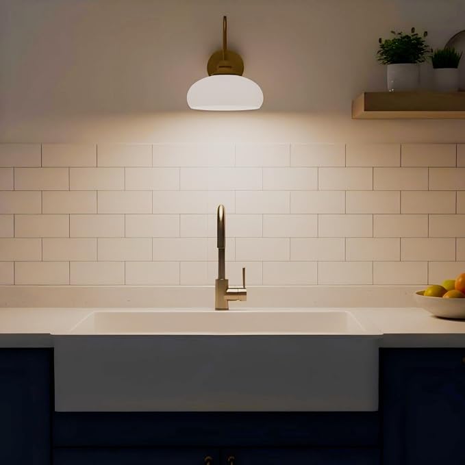 Modern Brushed Brass Wall Sconce Set of 2, 7.9" Smooth Glass Bowl Wall Lamps Hardwired 2 Pack for Bedside, Mid Century Elegant Milk White Glass Vanity Light Above Sink - Image 5
