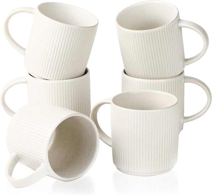 famiware Coffee Mug Set for 6, Star 12 oz Catering Mugs Cup Set with Handle for Coffee, Tea, Cocoa, Milk - Ceramic Stoneware Drinkware Set, Matte White by Famiware