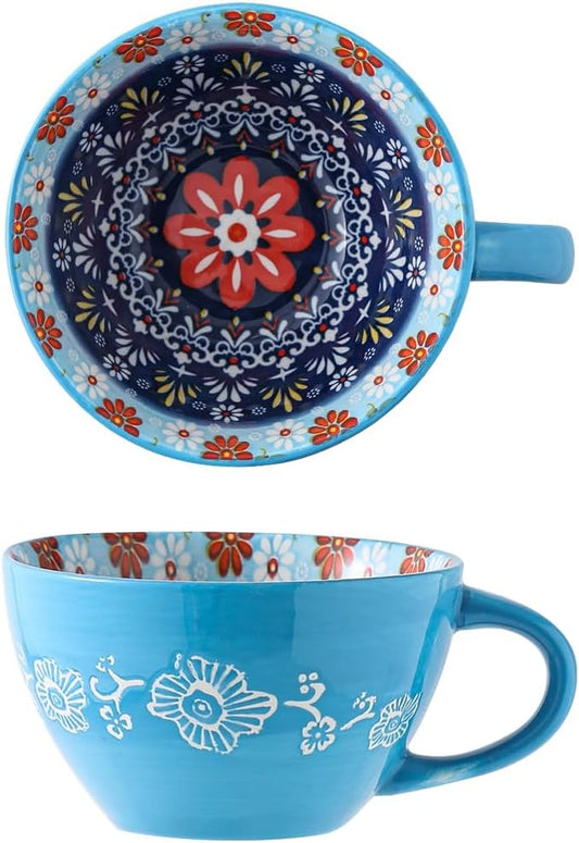 Bohemian Hand-Painted Ceramic Mug, 15 Oz Large Coffee Cup for Milk, Tea, and Breakfast, Dishwasher & Microwave Safe Artisan Cup, Baby Blue by Unknown