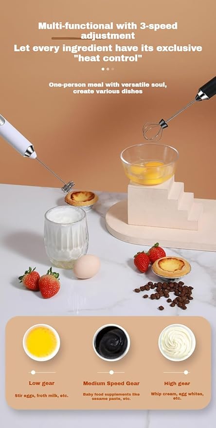 YooHooPo rechargeable milk frother handheld - 3-speed wireless electric whisk for coffee,milk & cream,usb charging