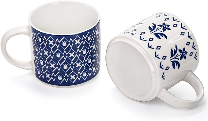 Eorbow 4 Pack Ceramic Coffee Mug Set with Rack, 16 OZ Stackable Cappuccino Cups with Metal Stand, Blue and White Porcelain Tea Mugs for Latte, Americano, Milk, Hot Cocoa, Beverages, Microwave Safe - Image 4