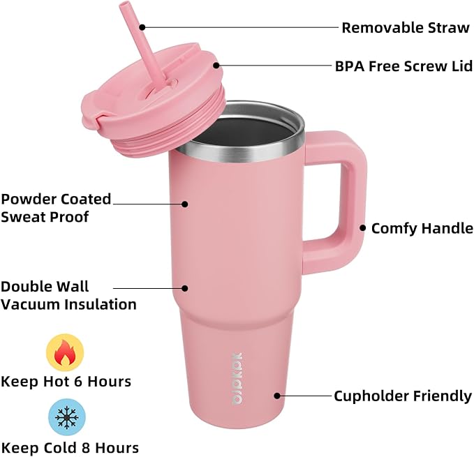 BJPKPK 30 oz Insulated Tumbler with Handle & Straw, Stainless Steel | Double Wall Vacuum Insulation, Leak Proof, BPA Free, Dishwasher Safe, Cupholder Friendly, Travel & Outdoor, Light Pink - Image 2