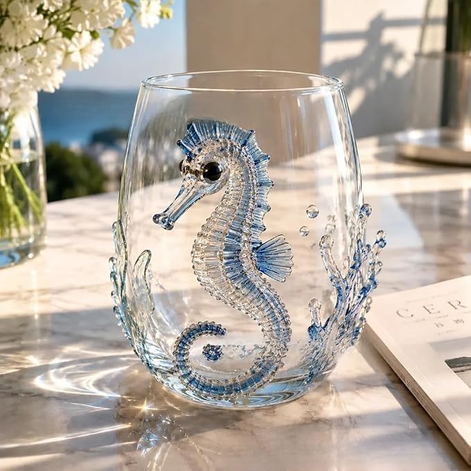 3D Octopuses Stemless Wine Glasses Artisanal Blue Ringed Octopus Glassware Coastal Christmas Home Decor Gift for Ocean Lovers，Seahorse by Unknown