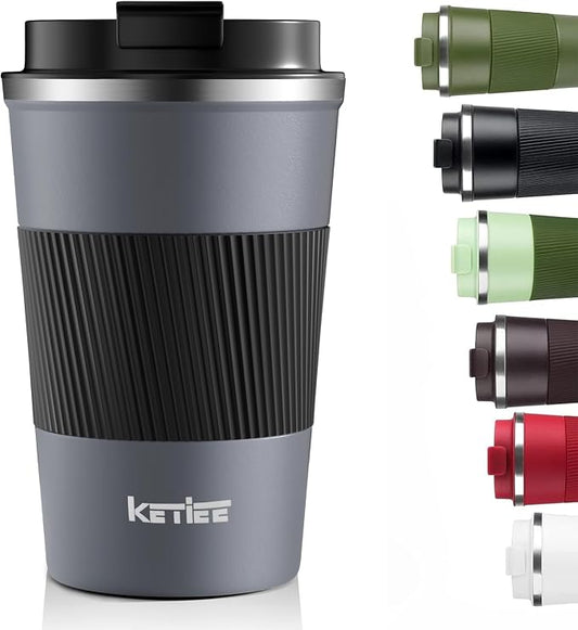 KETIEE Travel Coffee Mug Spill Proof 12oz, Insulated Reusable Coffee Cups with Seal Lid, Vacuum Stainless Steel Travel Mug to Go Car Tumbler for Hot/Iced Drinks (Grey) by KETIEE