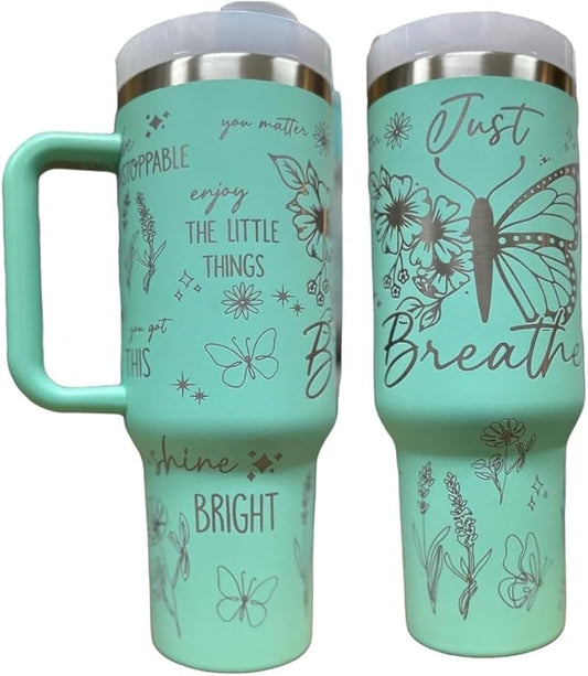 Western Engraved 40oz Tumbler, Tumbler with handle, Cowgirl Tumbler, Country Mug with Handle (Mint(6)-Just breathe(C11))