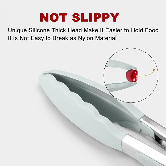 2 Pack Silicone Kitchen Tongs – 9" & 12" Set, Heat Resistant up to 500°F, Non‑Stick Cookware Safe, Wavy Silicone Tips, BPA Free, Locking Clip & Hanging Loop, Warm Grey - Image 2