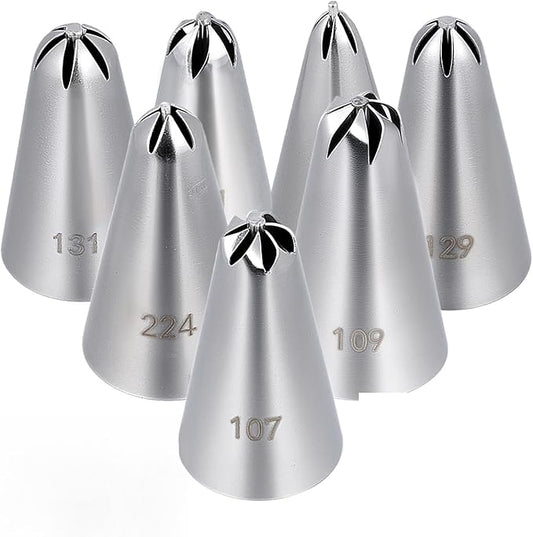 7 Pcs Drop Flower Piping Tips Set, 107, 109, 129, 131, 191, 224, 225 Stainless Steel Icing Tip for Swirl, Rosette, Cake Cookie Decorating Floral Patterns