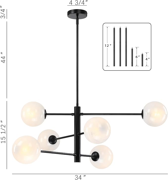 Mid Century 6-Lights Globe Milky Handcrafted Marble Glass Chandelier for Living Room Modern Black Chandelier Light Fixture Dining Room Chandelier Over Table Foyer Bedroom Kitchen Island - Image 6