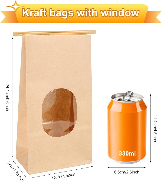 Bakery Bags with Window 60Pcs Kraft Paper Bags for Cookies Coffee | 5x2.75x9.6In Resealable Kraft Bakery Bags with Window & Tin Tie, Keep Cookies Coffee Beans Snacks Fresh & Displayed - Image 2