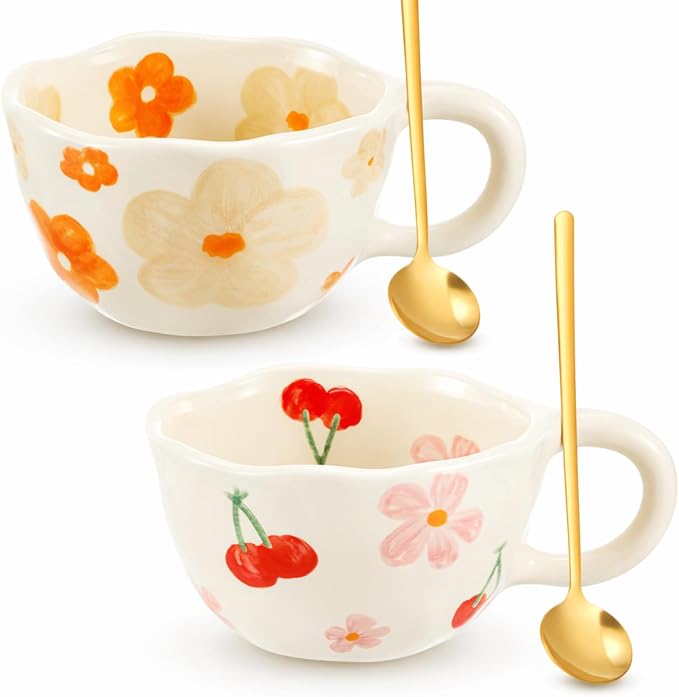 Vesici 2 Pcs Ceramic Coffee Mugs with Spoon, Vintage Floral Spring Mugs with Handle, 8.5 oz Aesthetic Flower Porcelain Tea Cup Set, Dishwasher & Microwave Safe Mothers Day Gifts for Mom(Fresh) by Vesici