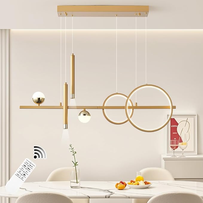 ORANOOR LED Gold Chandelier for Dining Room 39in Dimmable Modern Chandelier | Gold Pendant Lights for Kitchen Island, Linear Ring Globe Pendant Light Fixtures Dining Room Lights Ceiling Hanging - Image 2