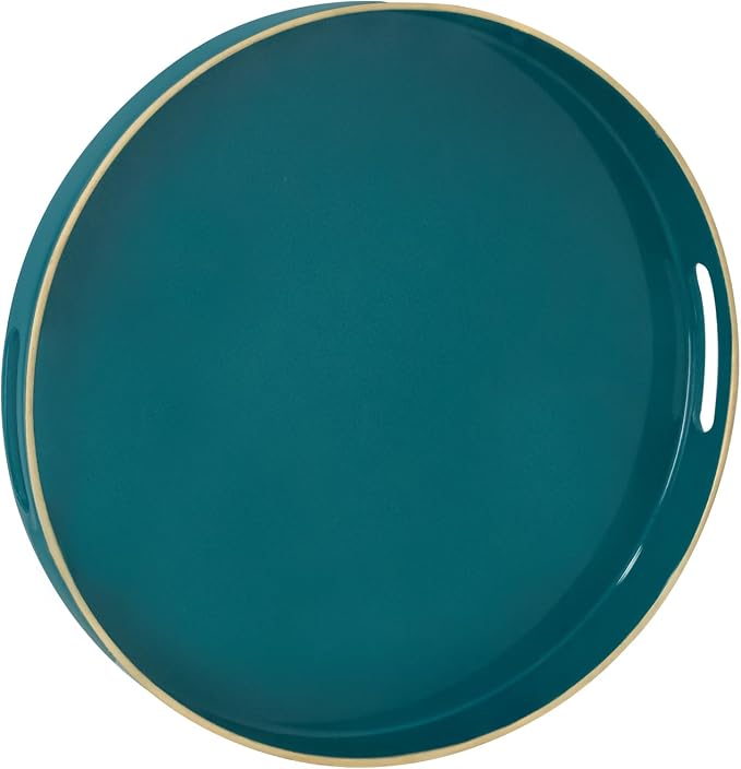 MAONAME 13" Teal Decorative Tray, Plastic Round Serving Tray with Handles | Green Decorative Tray for Coffee Table, Modern Ottoman Tray, Circle Tea Tray, Round Melamine Tray for Living Room, Bathroom by MAONAME