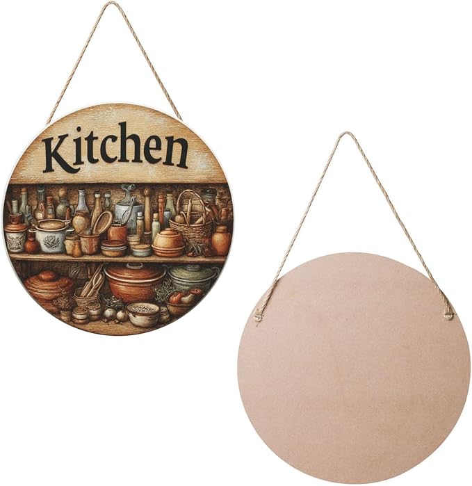 Rustic Kitchen Pantry Wooden Plaque, 12inch Round Wall Decor With Tiered Shelves, Copper, Jars & Utensils, Kitchen Door Hanging Art, Home Decoration Artworks Create An Atmosphere - Image 2