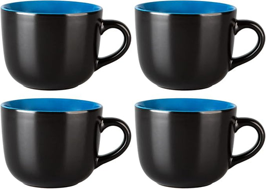 GBhome Jumbo Soup Mugs with Handles, 24 Oz Large Coffee Mugs Set of 4 | Ceramic Soup bowls for Soup Cereal Snacks Salad Noodles Cups, Microwave safe - Matte Black, Blue Inside by GBhome
