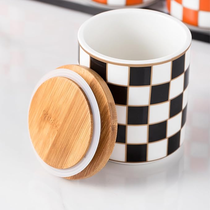 Kitchen Countertop Ceramic Checkered Canisters,Black And White Food Storage Containers With Lid,Airtight Kitchen Canisters for Flour, Sugar, Coffee, Tea, and Dry Goods (Black, Small) - Image 8