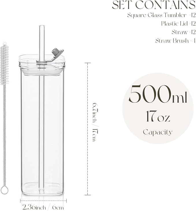 KEMORELA 12 Sets Square Drinking Glass Cups with Lids & Straws, 17 Oz Clear Highball Glasses for Cocktail, Iced Coffee, Juice, Beer - Modern Glass Tumblers - Image 5
